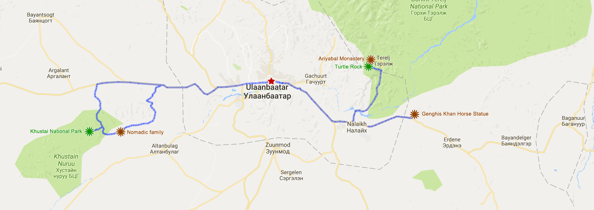 The tour map & locations of Gorkhi-Terelj National Park, Genghis Horse Statue & Khustai National Park.