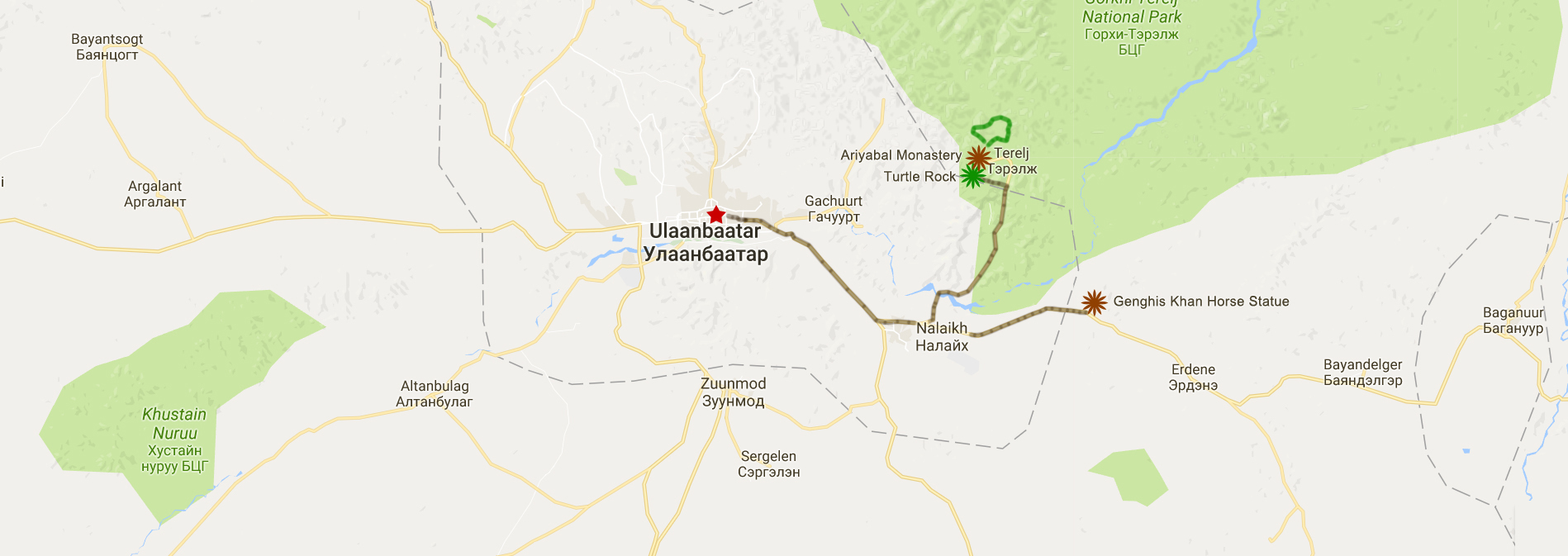 The tour map. Locations of Gorkhi-Terelj National Park & Genghis Horse Statue. Green line is horse riding place.