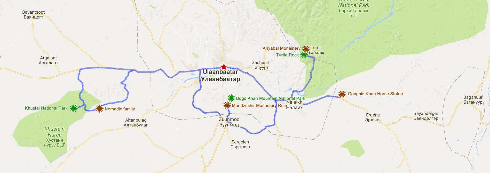 The tour map. See the locations of Genghis Horse Statue, Gorkhi-Terelj National Park, Bogd Khan National Park & Khustai National Park.