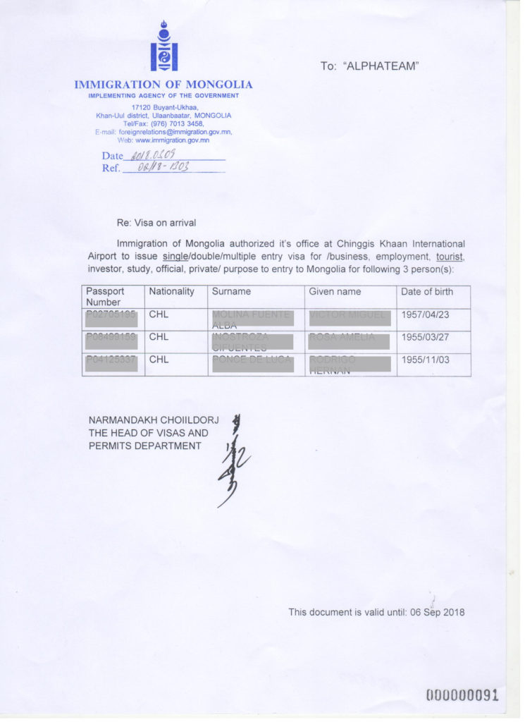 Visa on arrival approval letter example of Immigration of Mongolia