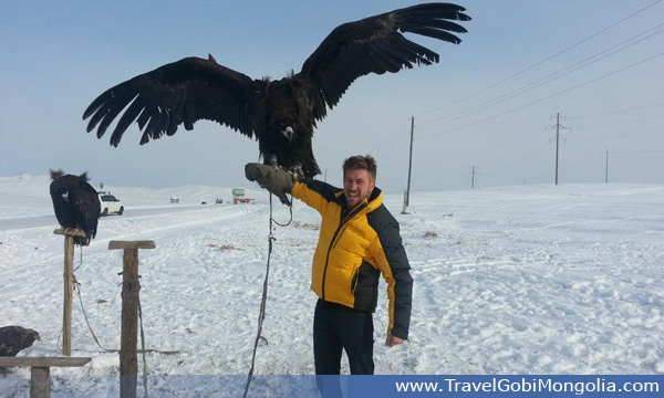 Our customer is holding an eagle on his hand