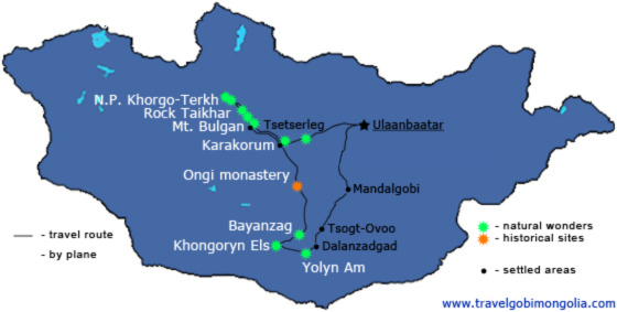 map of Mongolia Sightseeing Tour