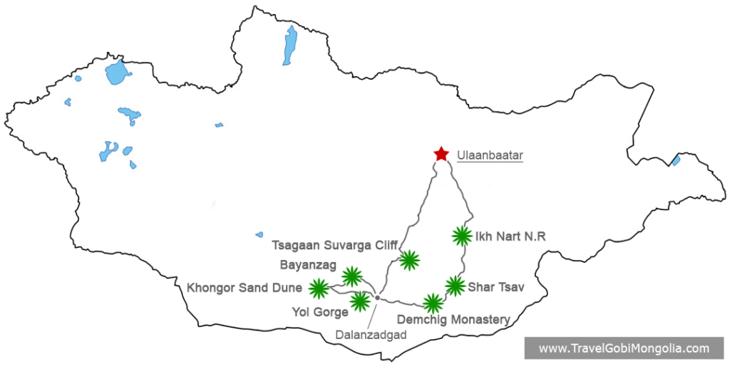 tour map of East Gobi Desert & South Gobi Desert Adventure Tour