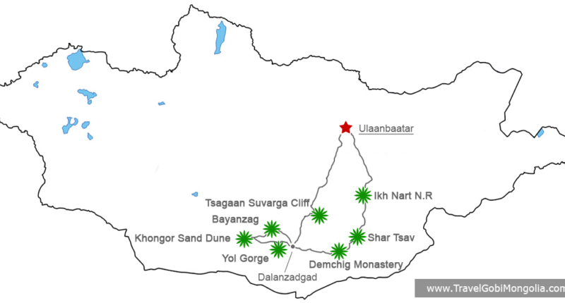 tour map of East Gobi Desert & South Gobi Desert Adventure Tour
