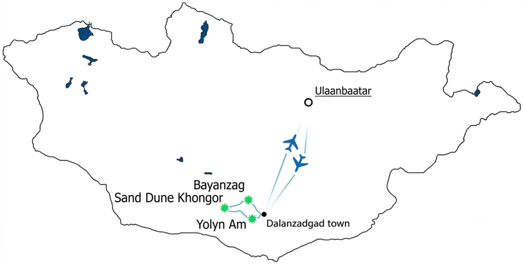 tour map of Gobi Desert Tour from Ulaanbaatar by Flight