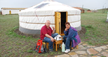 Customers from Israel drinking tea in front of their ger