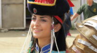 Our customer from Greece is taking a photo in Mongolian national costume