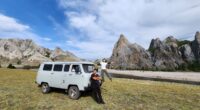 Our customer & our guide are with thier travel vehicle Russian van purgon in North Mongolia