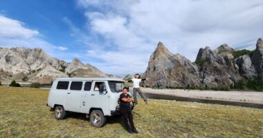 Our customer & our guide are with thier travel vehicle Russian van purgon in North Mongolia