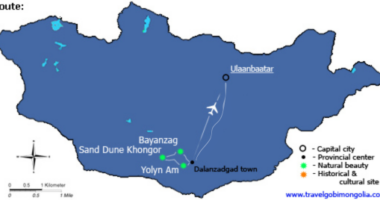 tour map of Gobi Tour – One Way by Overland, One Way by Flight