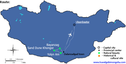 tour map of Gobi Tour – One Way by Overland, One Way by Flight