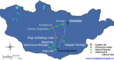 tour map of Gobi & Central Mongolia Overland Tour (No Domestic Flights)